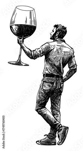 man holding oversized glass filled with wine isolated hand drawn sketch casually dressed person poster card design black white line art illustration