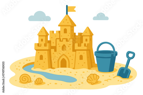 Yellow sand castle with bucket and shovel on sunny beach shore