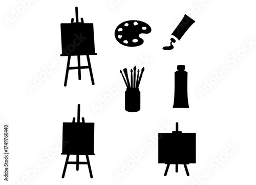 A comprehensive set of black silhouette icons depicting various artist tools like easels and palettes