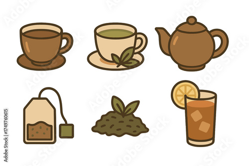 Set of hot and cold tea preparation icons and ingredients