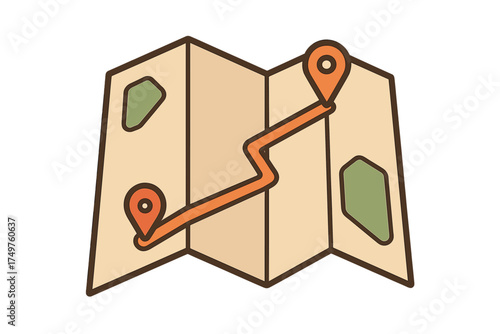 Folded paper map showing marked route and location pins
