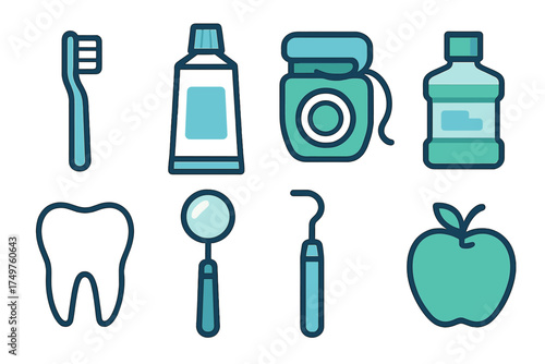 Set of dental care icons including toothbrush toothpaste floss mouthwash tooth and apple
