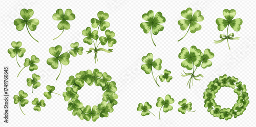 Watercolor illustration set of green clover leaves, including shamrocks, four-leaf clovers, and decorative wreaths, on a transparent background.