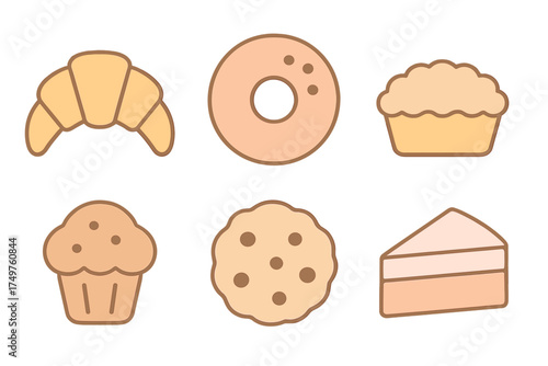 Set of baked goods icons featuring croissant donut muffin cookie and cake slice