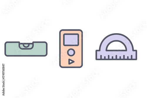 Construction and measurement tools icons featuring level and protractor