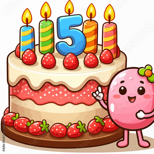 A colorful illustration of a birthday cake with candles and a cute character celebrating a fifth birthday.