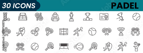 Set of 30 outline icons related to padel. Linear icon collection. Editable stroke. Vector illustration