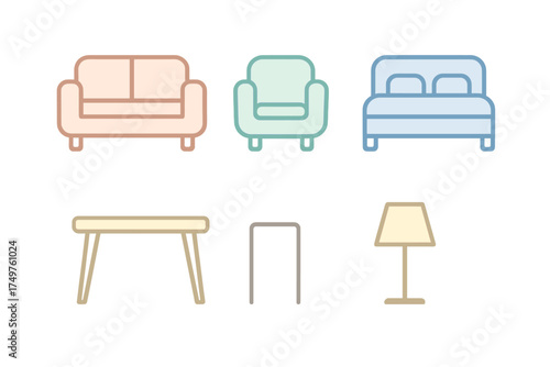 Collection of simple outline icons representing living room and bedroom furnishings