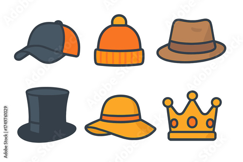 Collection of assorted headwear icons including cap, beanie, fedora, top hat, sun hat, and crown