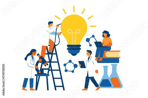Diverse team of scientists collaborating on research and innovation discovery