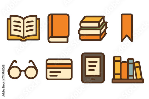 Collection of reading and education icons including books, e-reader, and glasses