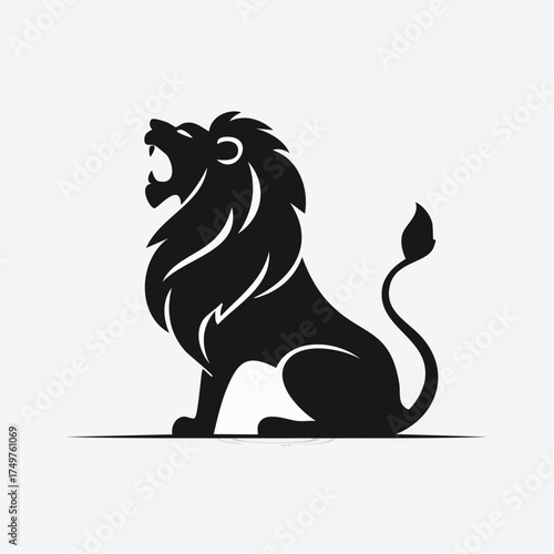 Black silhouette of a roaring lion sitting on a plain white background