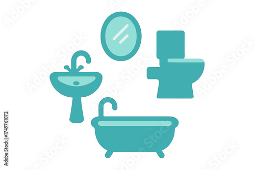 Set of essential bathroom fixtures icons including sink, toilet, mirror, and tub