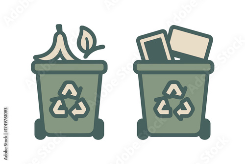 Compost and recycling bins with organic and paper waste separation icons