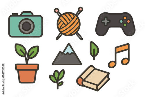 Diverse hobby and leisure icons featuring camera, gaming, nature, and craft elements