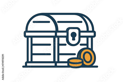 Closed wooden treasure chest with gold coins outline icon