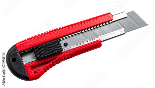 Close-Up of Red Box Cutter with Silver Blade on Transparent PNG