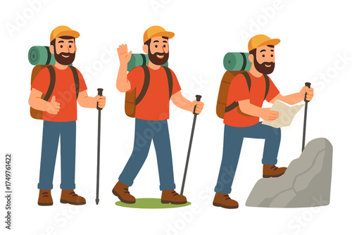 Bearded male hiker with backpack and trekking poles in various poses
