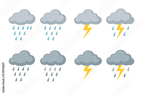 Simple gray clouds icons showing rain and lightning strikes