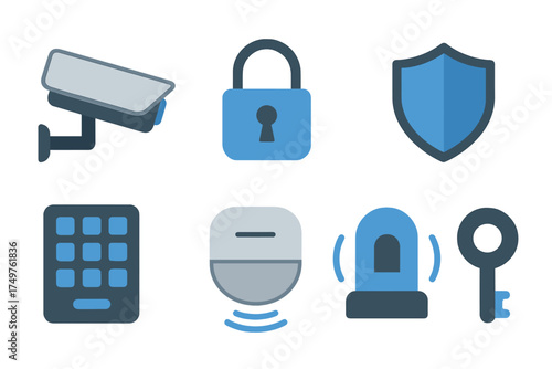 Security system icons featuring camera lock shield alarm and key