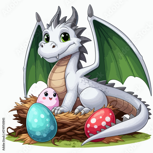 A cute cartoon white dragon with green wings sitting protectively on a nest with three colorful eggs, one of which has a happy face.