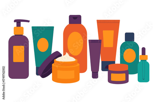 Assortment of colorful cosmetic and skincare product containers