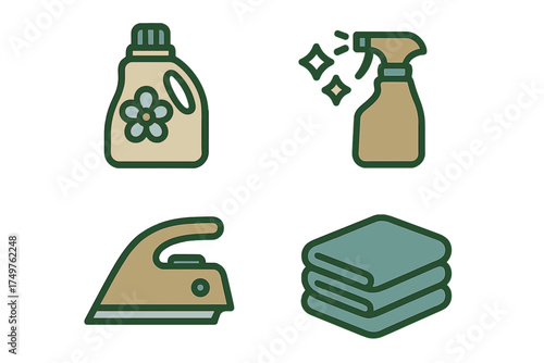 Household laundry and cleaning supplies icons featuring detergent iron and spray bottle