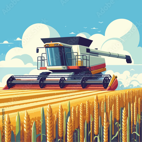 A combine harvester cutting through a field of golden wheat under a bright blue sky.