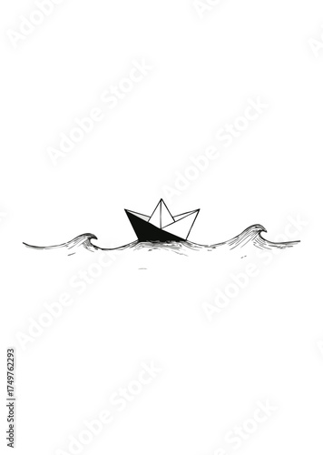 Minimal paper boat floating on waves line art illustration in black and white
