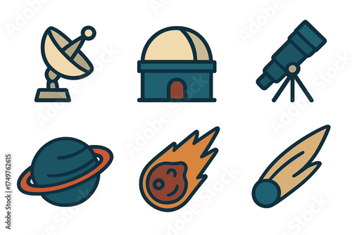 Astronomy equipment and celestial body icons set for space exploration