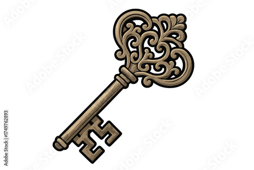 Ornate antique skeleton key with elaborate baroque scrollwork handle