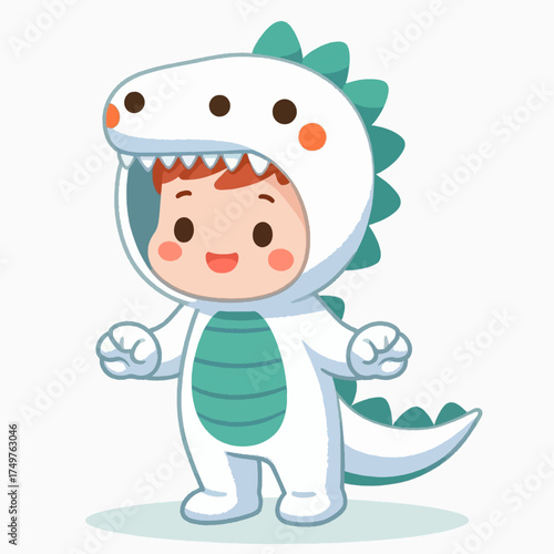 A cute cartoon child dressed in a white and teal dinosaur costume, smiling happily.