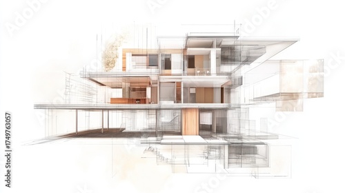 Architectural house design sketch layers on white background for planning, layout, and presentation