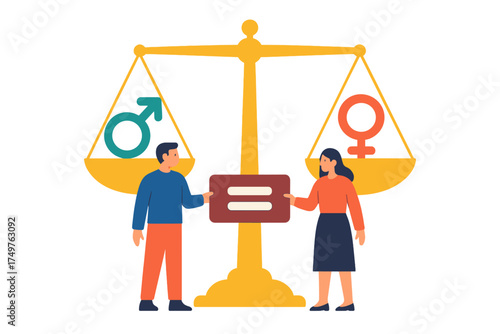 Man and woman balancing scales with gender symbols representing equality