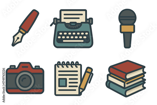 Set of six flat design icons for journalism and media creation tools