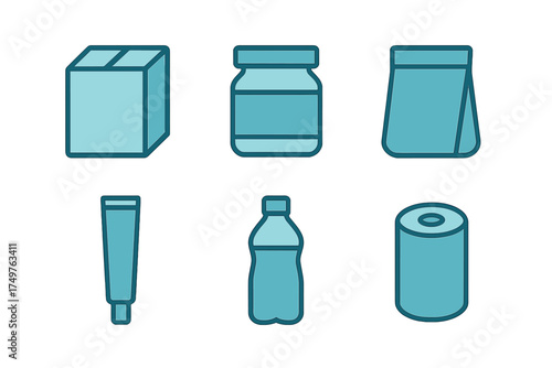 Six distinct packaging container icons for recycling or product display use