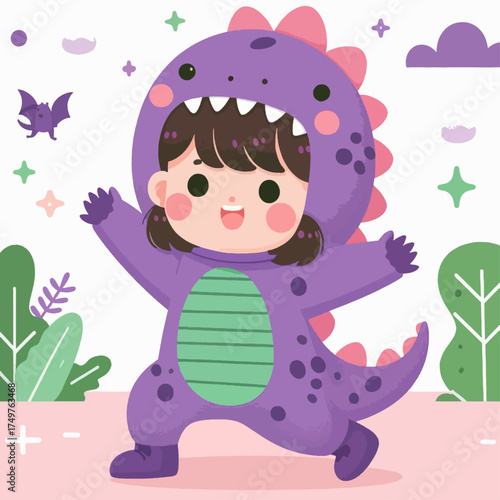 Cute cartoon child dressed in a vibrant purple dinosaur costume with pink spikes, smiling happily in a playful, whimsical setting.