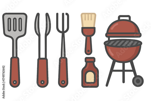 Barbecue grilling tools and kettle grill set icons