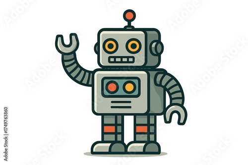 Retro style waving robot character with segmented arms and antenna