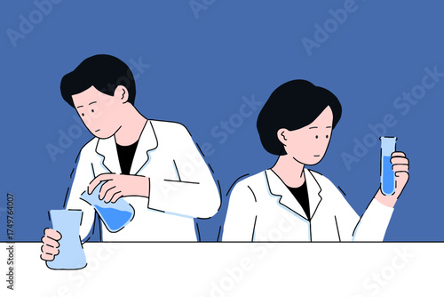 Scientists research. Science lab worker and chemical researchers 