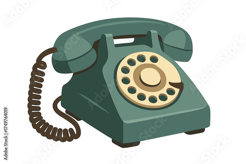 Vintage rotary telephone communication device in teal color