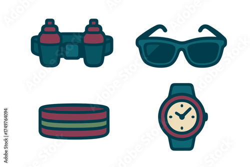Set of sports and fitness accessories icons featuring hydration belt and wristwatch
