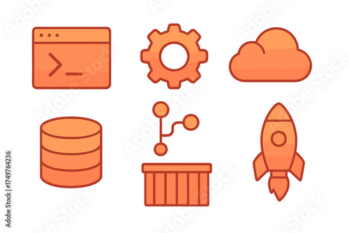 Orange gradient icons for technology and software development concepts