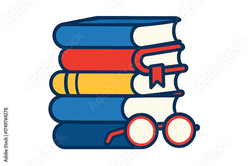 Stack of colorful books with reading glasses and bookmark