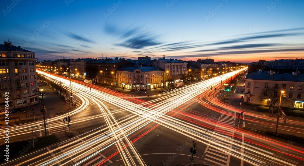 Fototapeta premium Urban intersection at dusk with light trails from vehicles moving through busy city street. Cityscape features vibrant lights and dynamic flow of traffic creating beautiful light patterns.