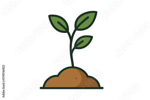 Simple graphic of a small green plant seedling growing from brown soil mound