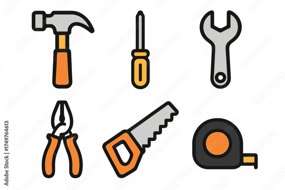 Fototapeta premium Six basic carpentry and repair hand tools icons for construction projects