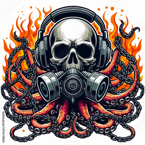 A detailed illustration featuring a skull wearing headphones and a gas mask, with octopus tentacles and flames.