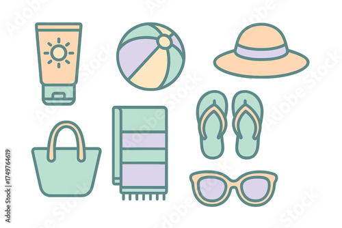 Colorful flat line icons representing summer beach vacation accessories