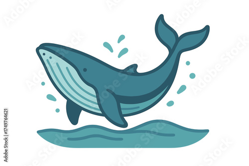 Stylized blue whale breaching water surface creating dynamic splashes